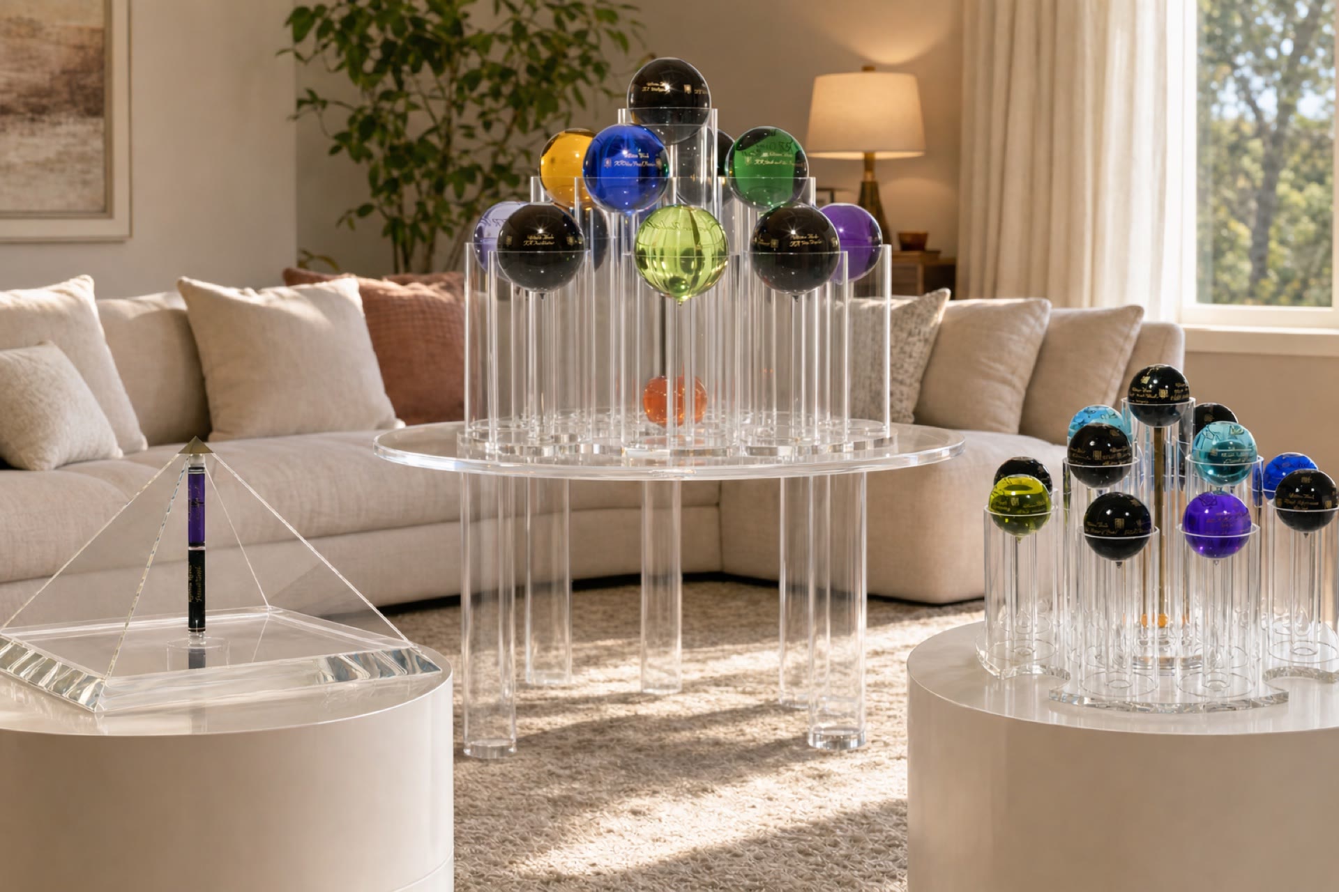 The Alchymeic artefacts at rest in a quiet, light-filled living room